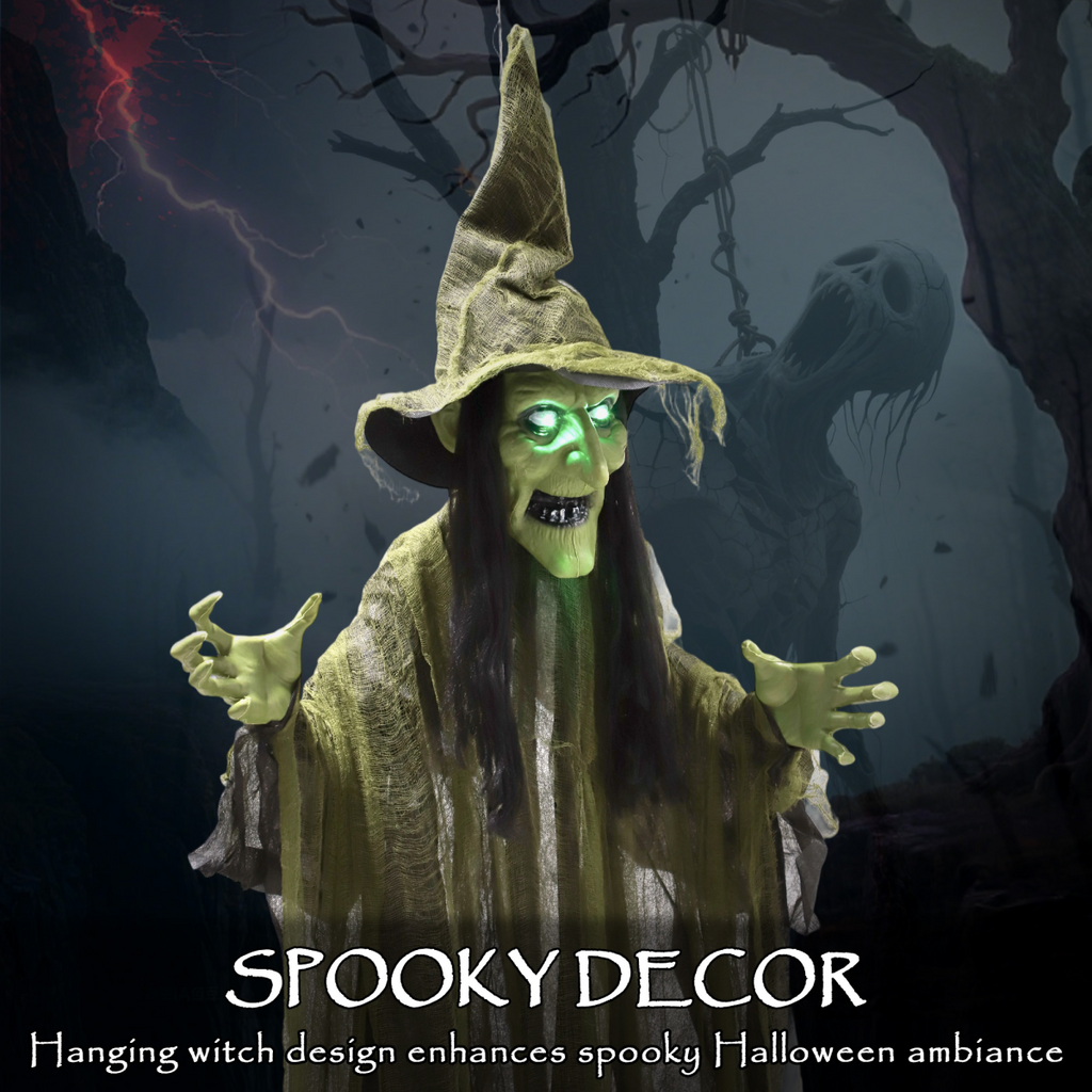 Voice-Activated Hanging Halloween Witch — Green