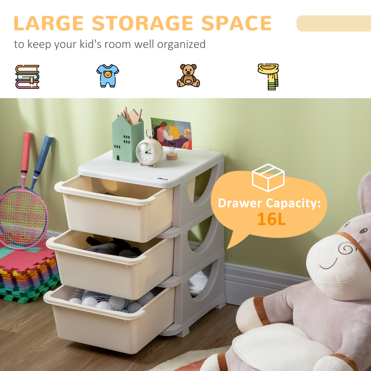 Kids Storage Unit with Three Drawers Three-Tier Chest Vertical Dresser