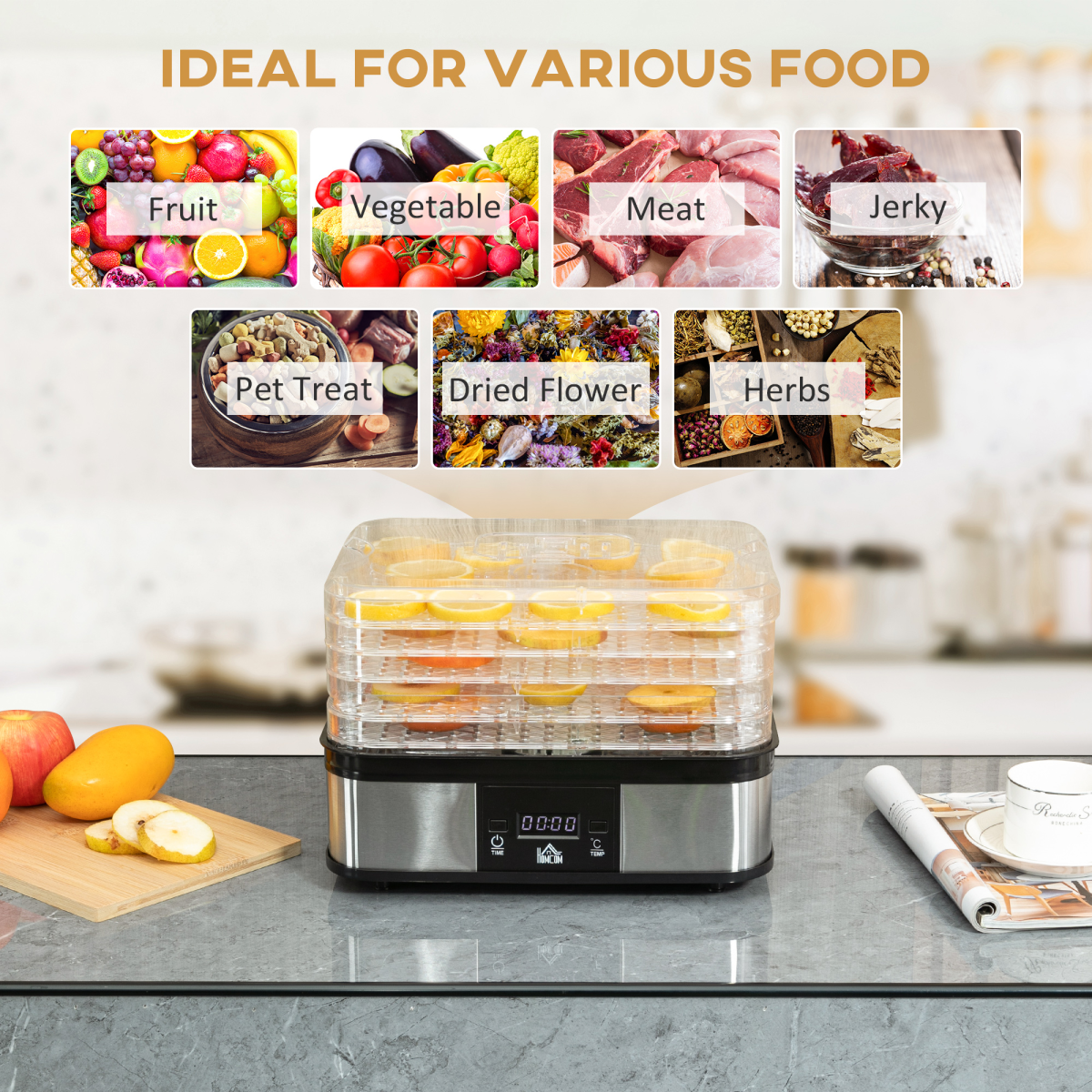 5-Tier Food Dehydrator with LCD Timer — 245W, Silver