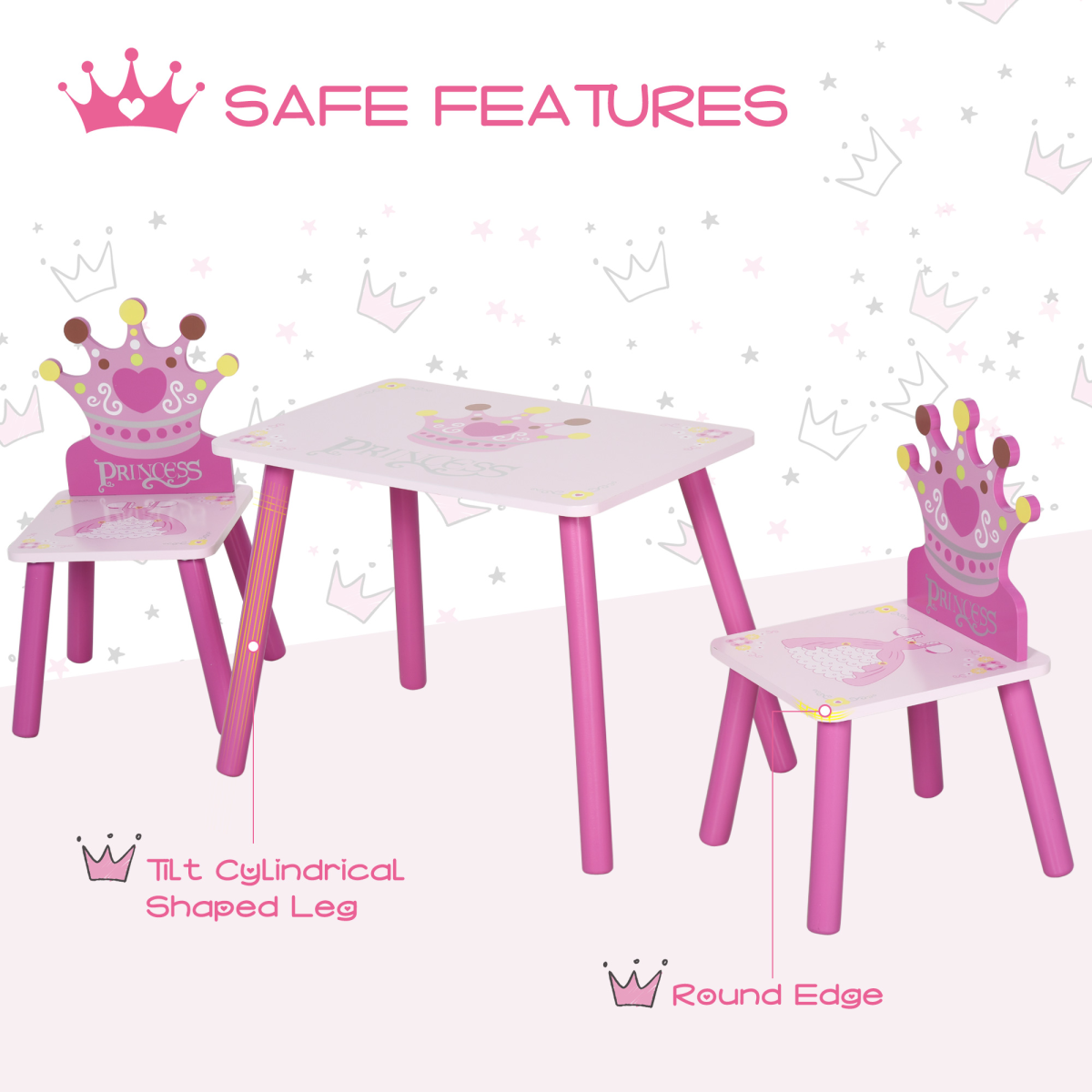 3 Pcs Kids Princess & Crown Chair Table Set Home Furniture 2-4 Yrs Pink