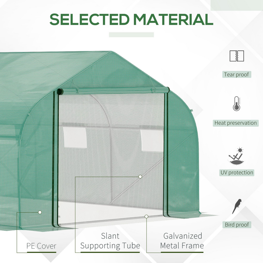 4.47 x 3 x 2m Walk-in Polytunnel Tent, PE Cover, ZipDoor 6Windows, Green