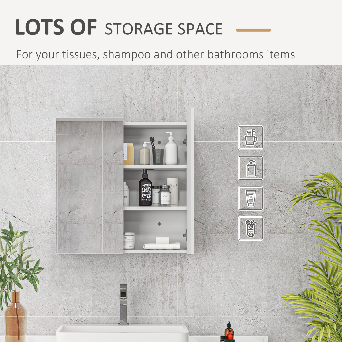 kleankin Wall Mounted Bathroom Storage Cupboard with Mirror and Shelf, White