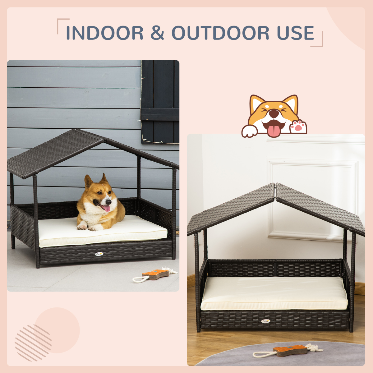 PawHut Wicker Dog House, Rattan Pet Bed with Soft Cushion, Cat Basket - Cream
