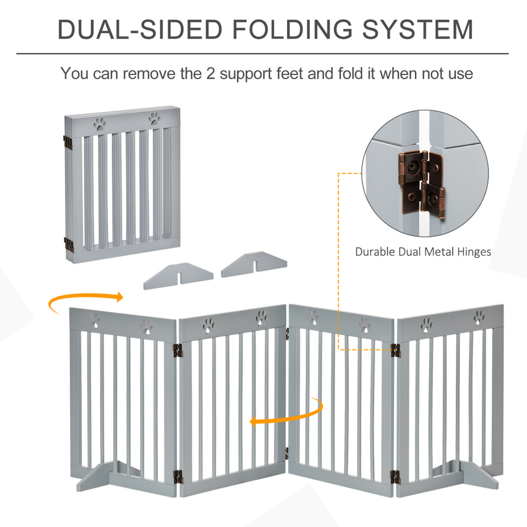 Freestanding Pet Gate 4 Panel Folding Wooden Dog Barrier w/ Support Feet