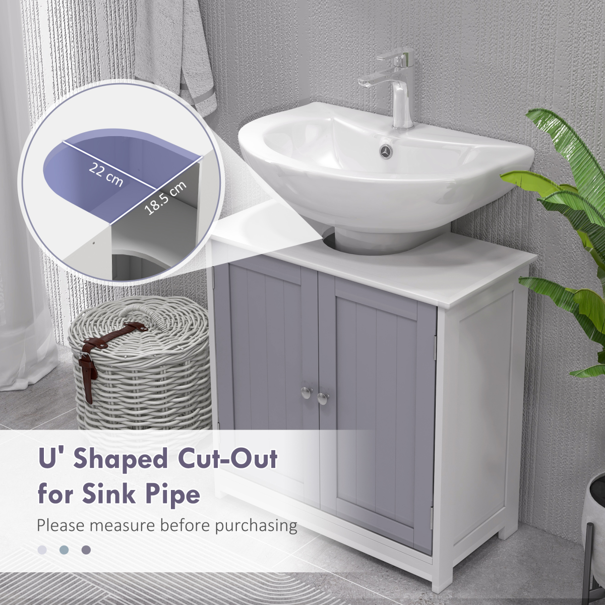 kleankin 60x60cm Under-Sink Storage Cabinet with Adjustable Shelf Grey White
