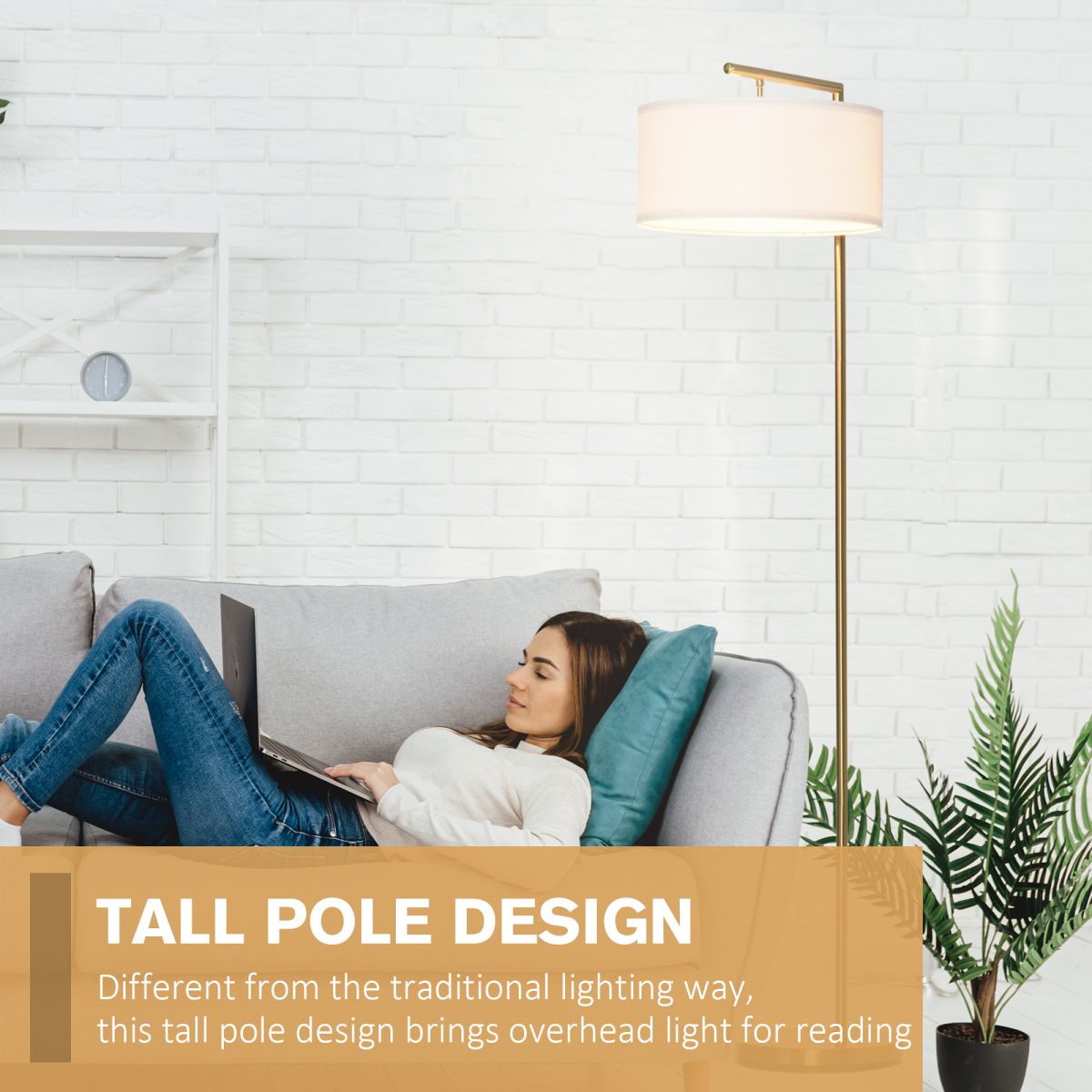 Floor Lamp with Linen Lampshade Round Base for Living Room Bedroom