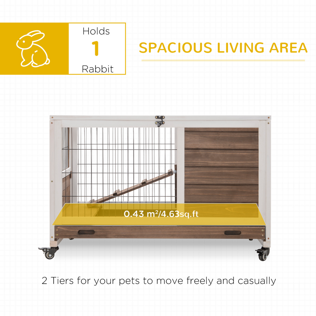 PawHut Wood Indoor Rabbit Hutch Elevated 2-Floor Guineas Pigs Cage with Wheels and with openable Roof