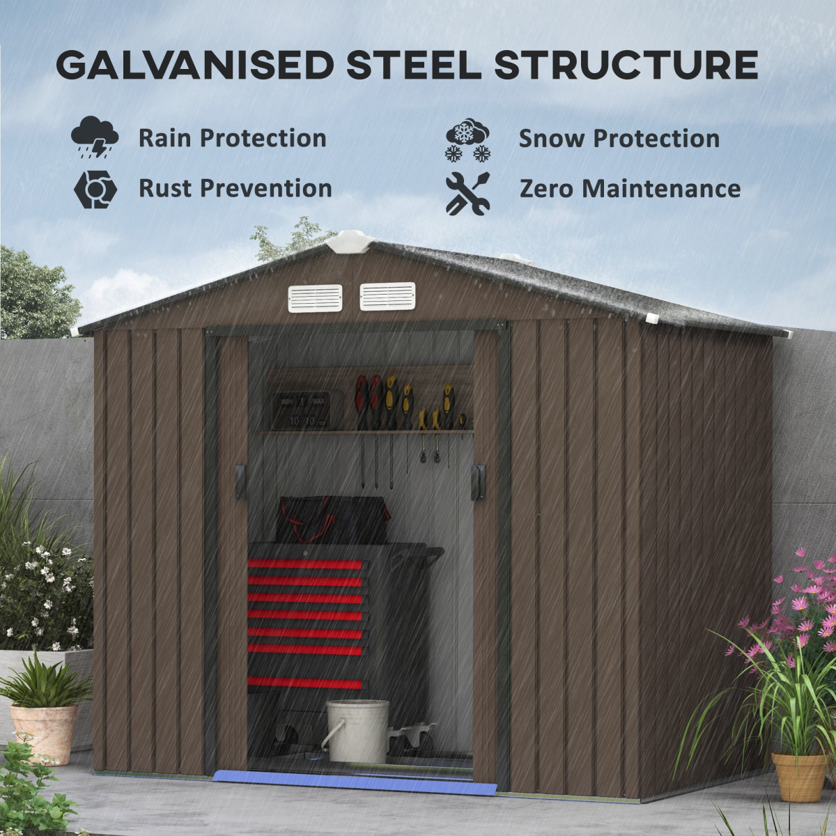 Garden Shed Storage Unit with Locking Door Floor Foundation Vent Brown