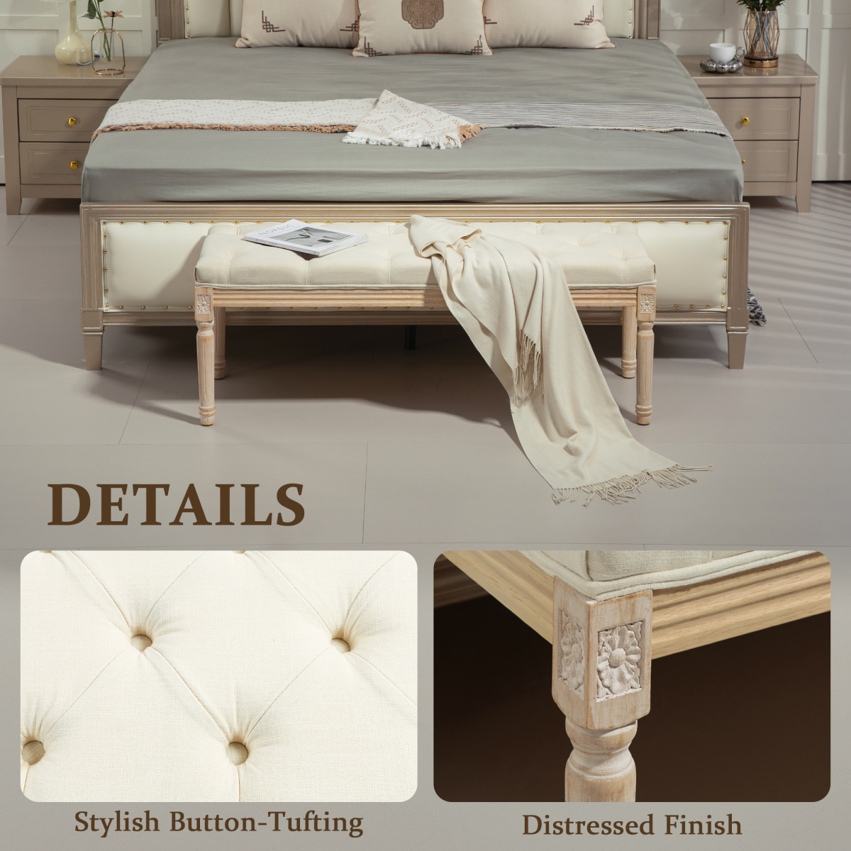 End of Bed Bench Upholstered Foot Stool Linen-Touch Ottoman Cream