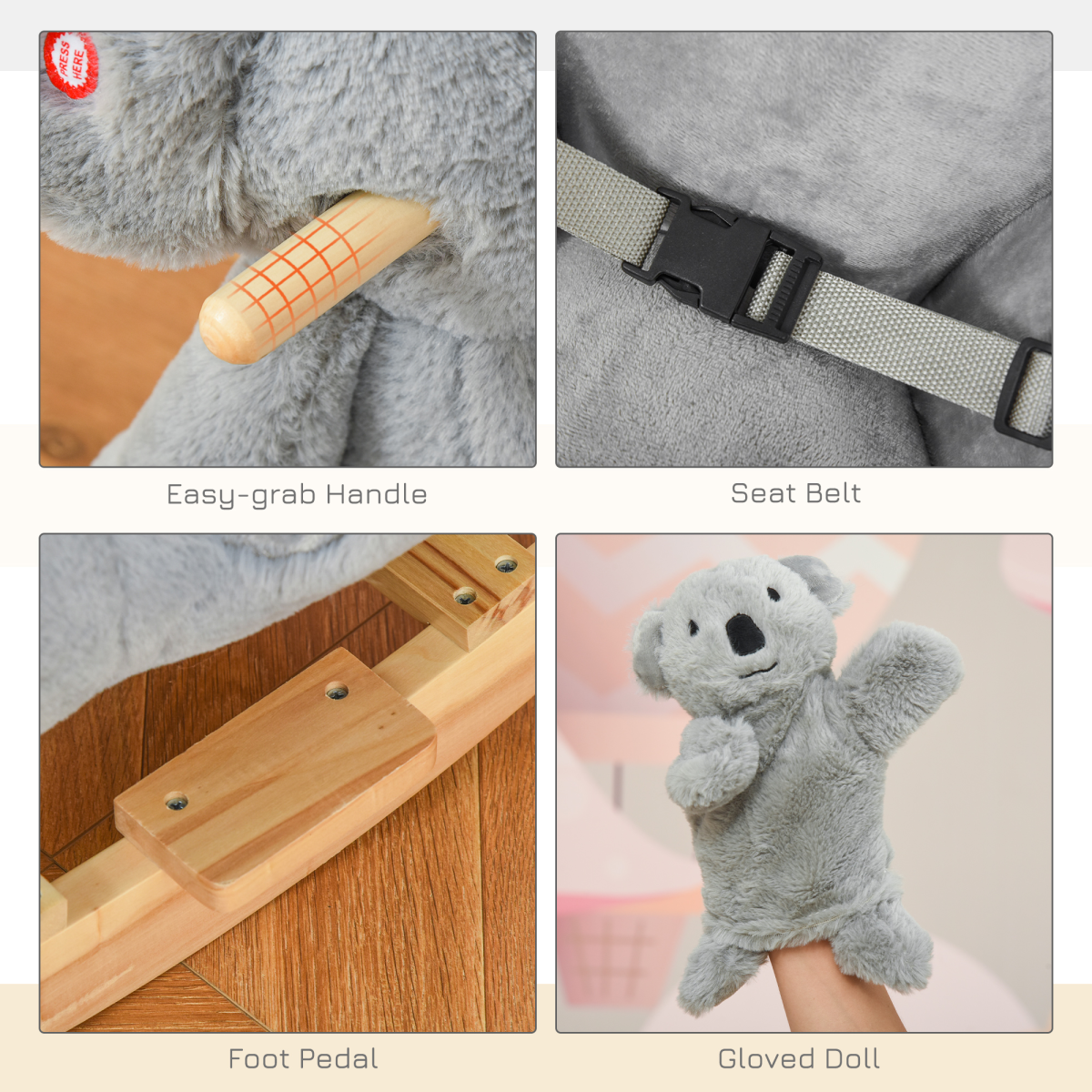 Kids Plush Ride-On Rocking Horse Koala-shaped Toy with Gloved Doll Grey