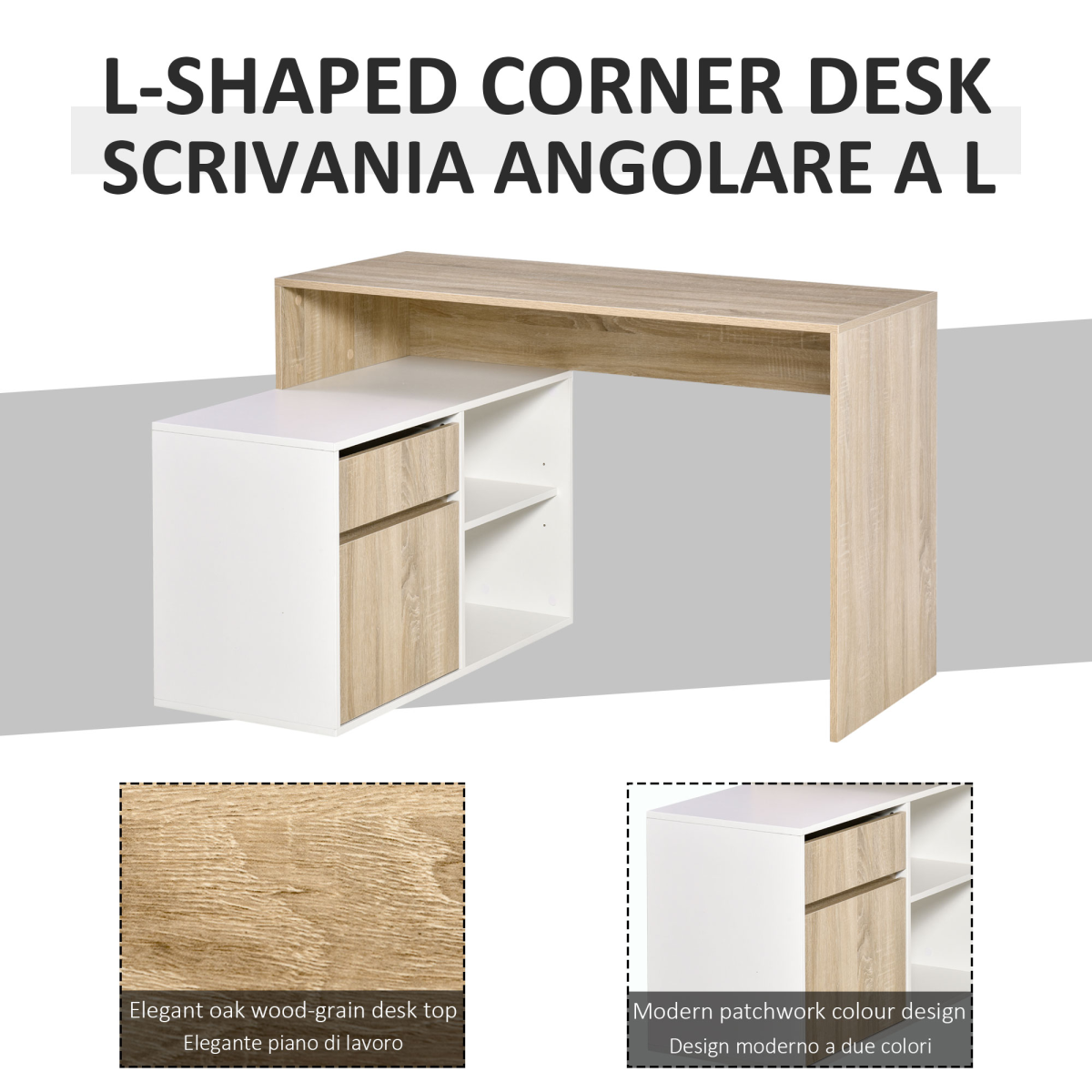 L-Shaped Corner Computer Desk Oak and White