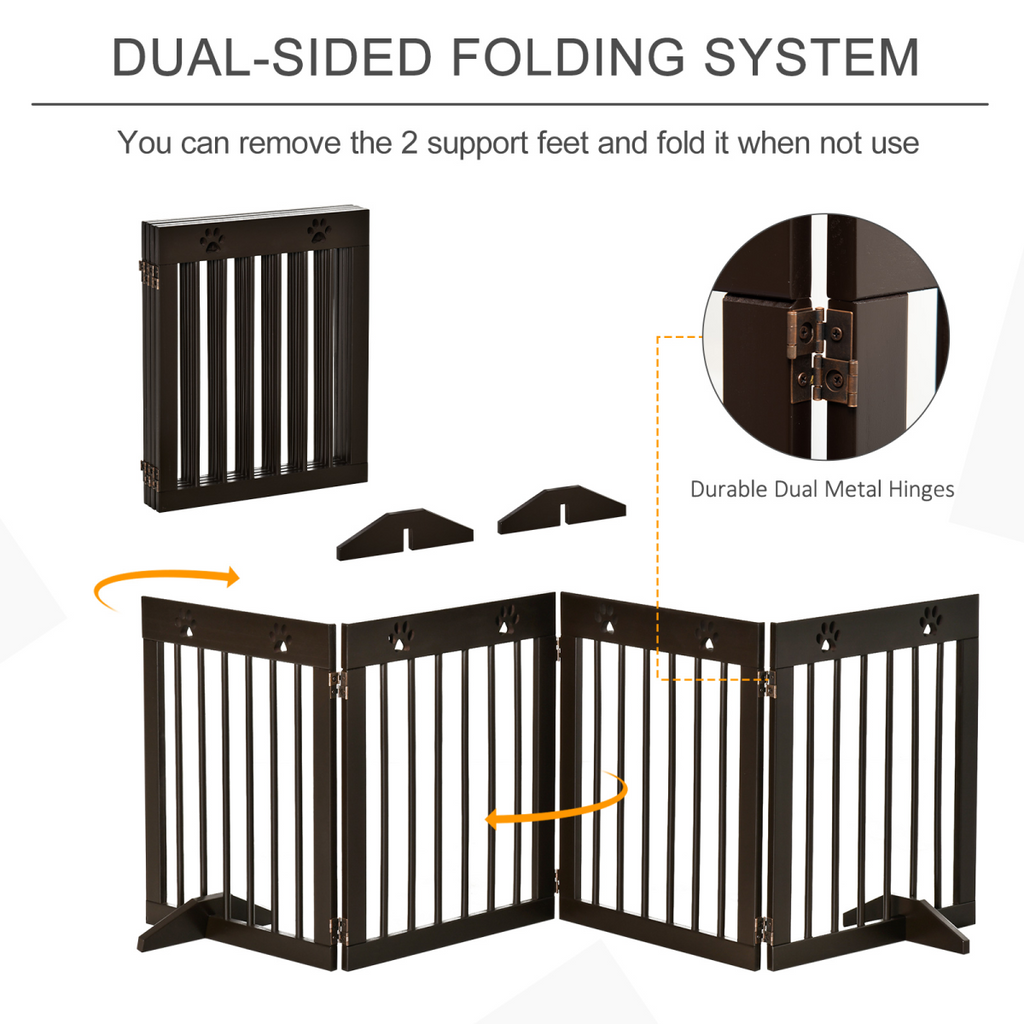Freestanding Pet Gate 4 Panel Folding Wooden Dog Barrier with Support Feet
