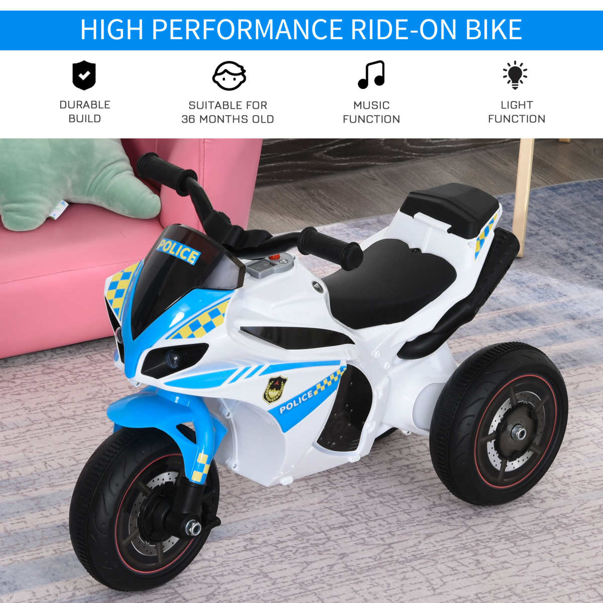 Kids Ride-On Police Bike 3-Wheel Vehicle with Music Lights 18-36 Mths