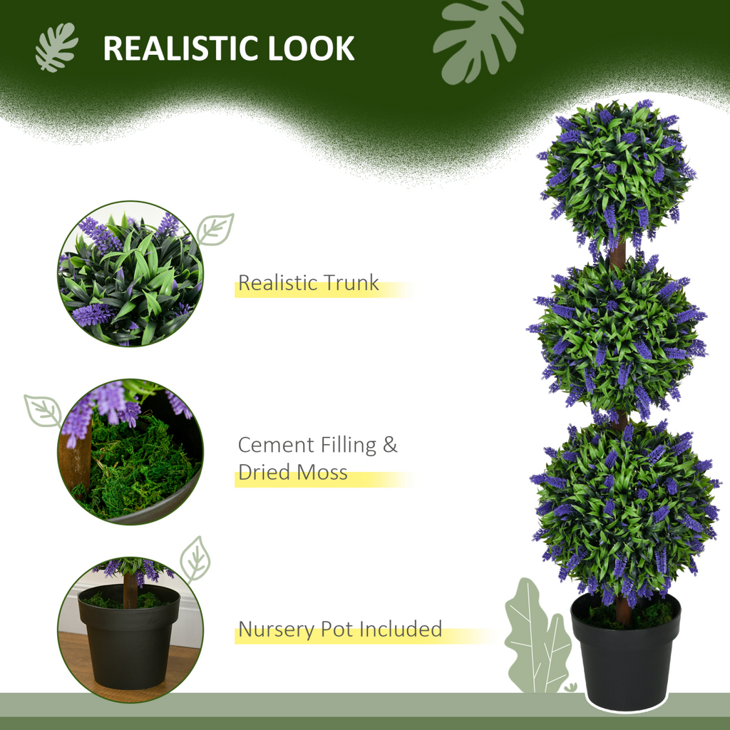 Set of 2 Potted Artificial Plants Ball Tree with Lavender Flowers, 110cm