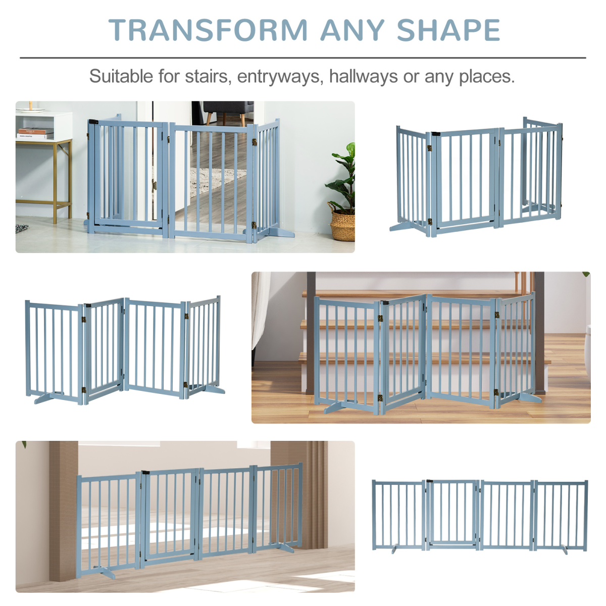 Wooden Foldable Dog Safety Barrier with 4 Panels for Small&Medium Dogs Blue Grey