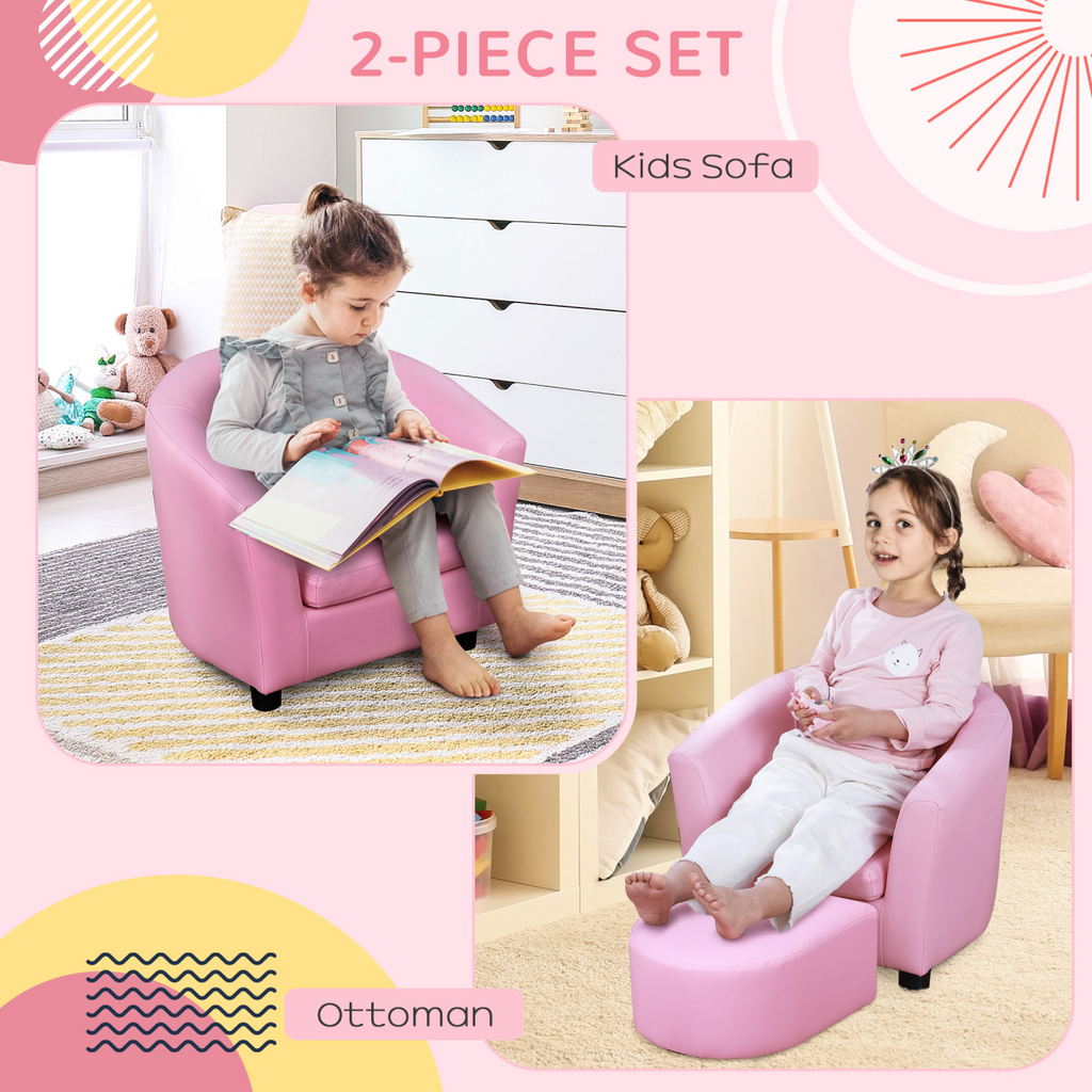 Kids Mini Sofa Children Armchair with Ottoman for Bedroom Playroom Pink