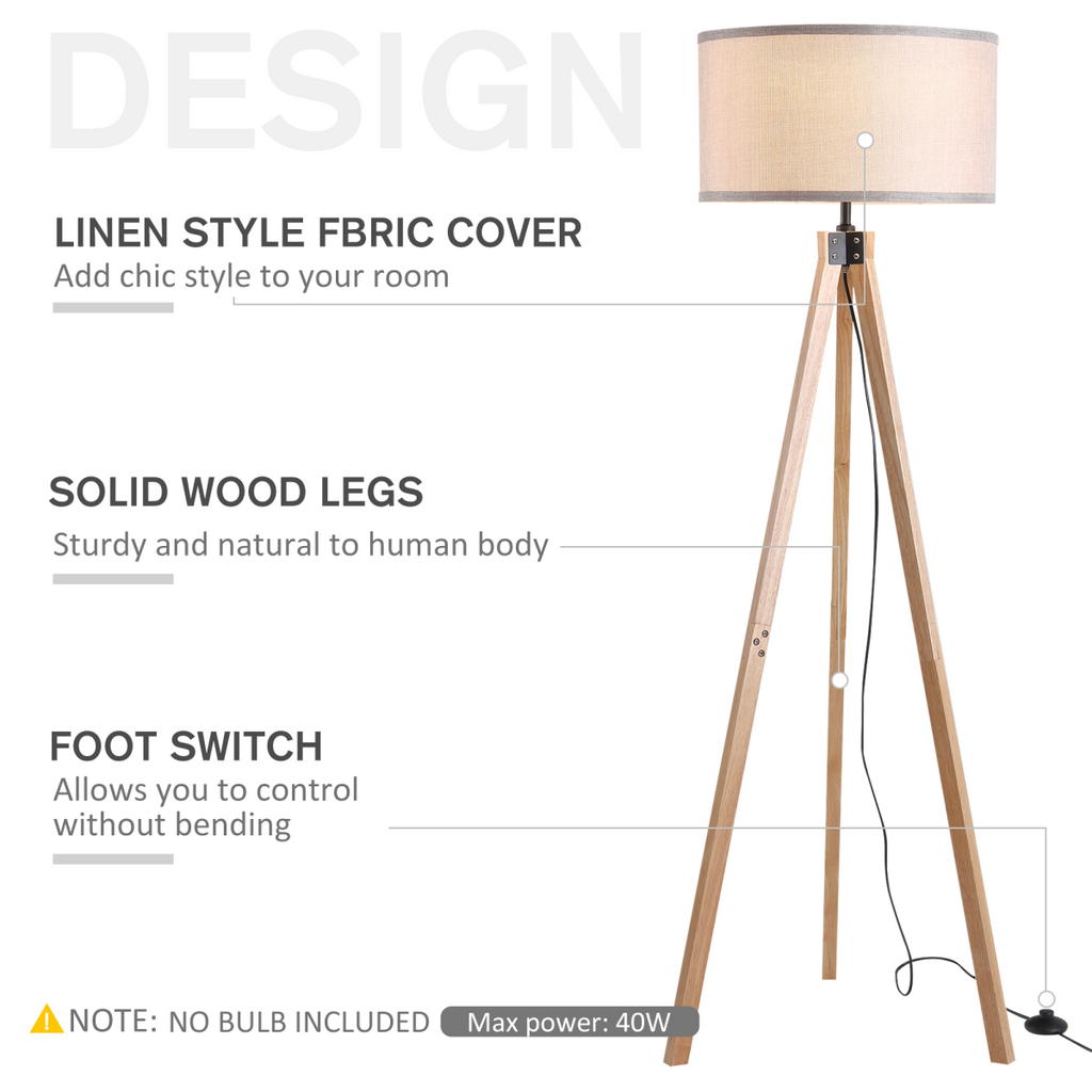 Rubber Wood Tripod Floor Lamp Beige