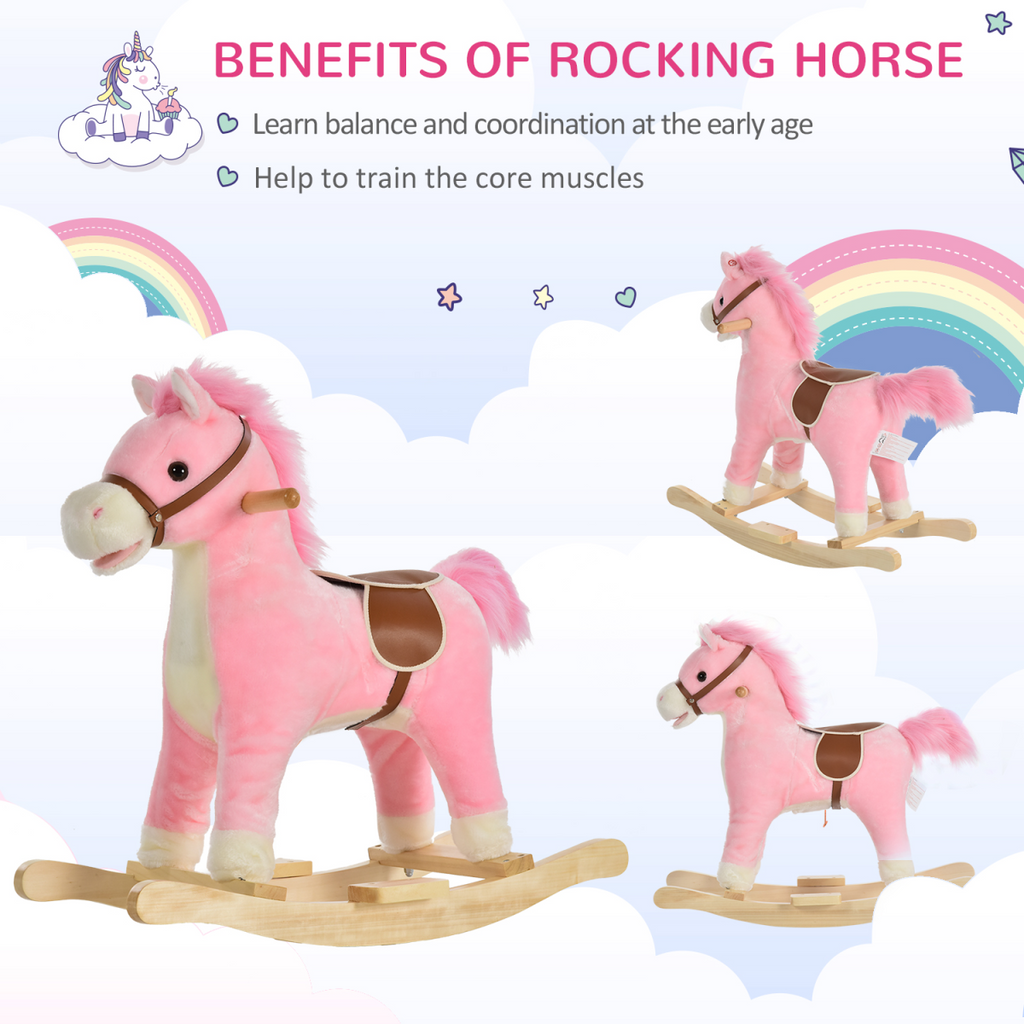Kids Plush Rocking Horse with Moving Mouth Tail Sounds 18-36 Months Pink