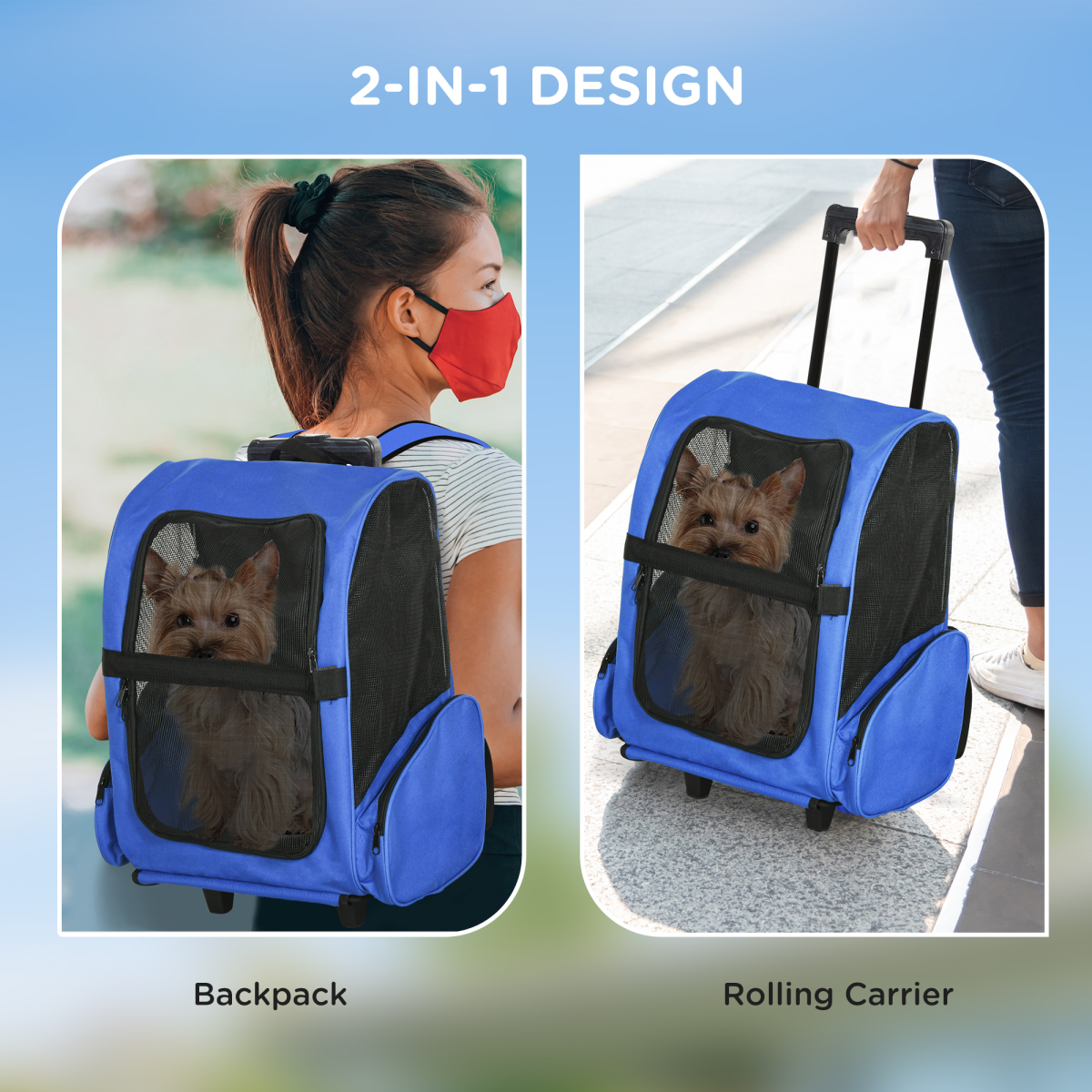 Pet Travel Backpack Bag Cat Puppy Dog Carrier with Trolley and Telescopic Wheel