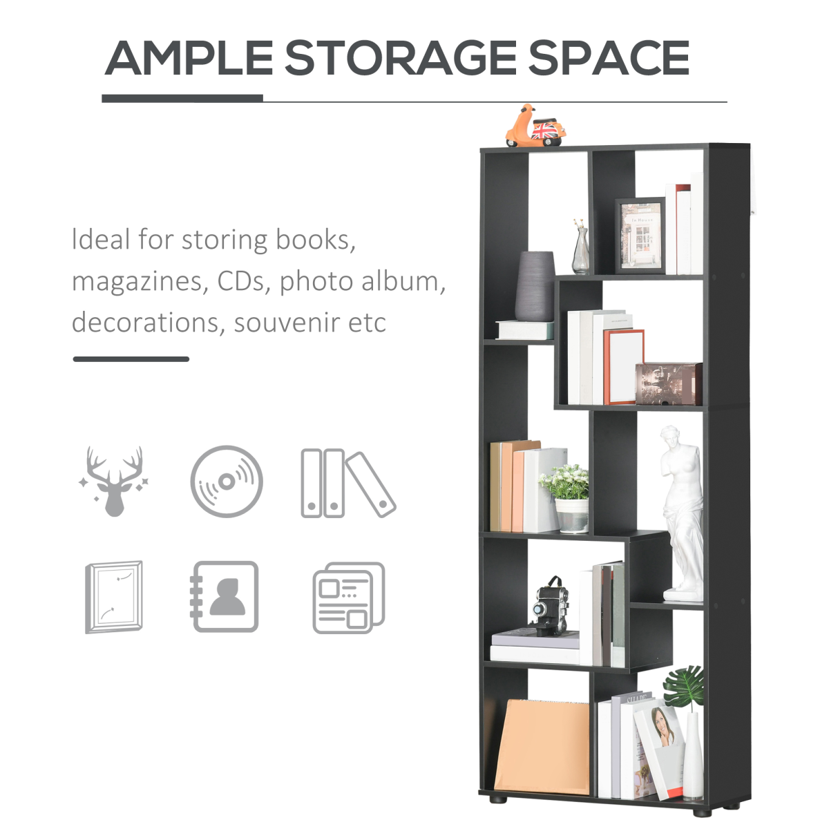 178cm 8-Shelf Bookcase with Melamine Surface Foot Pads Black Multipurpose 8-Grid