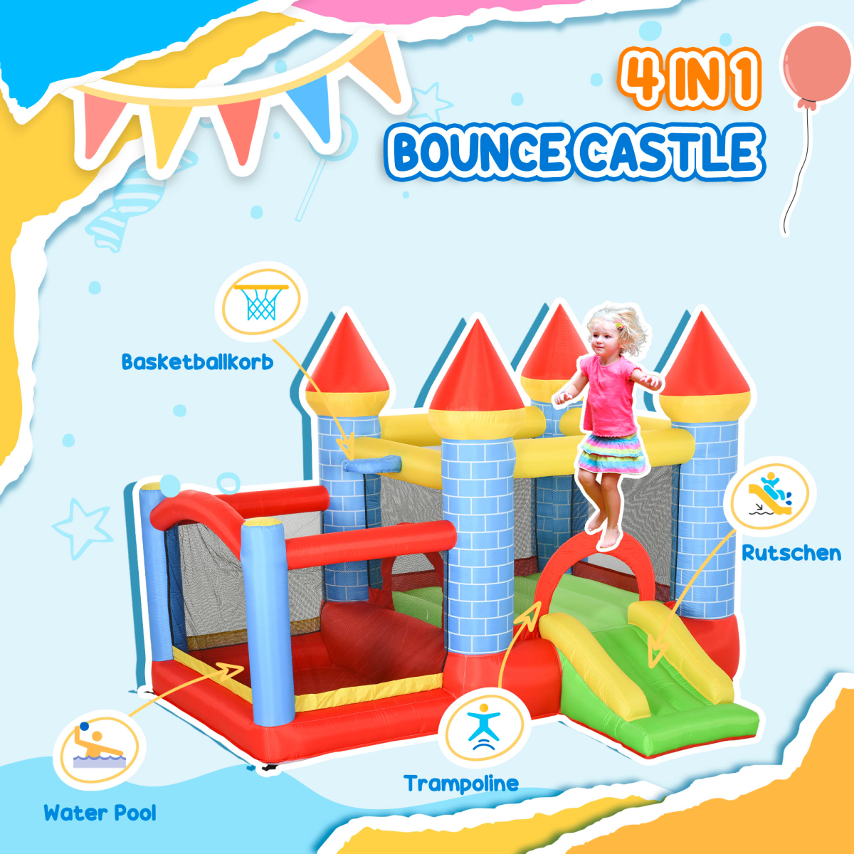 Bouncy Castle with Slide Pool 4 in 1 composition with Blower Multi-color