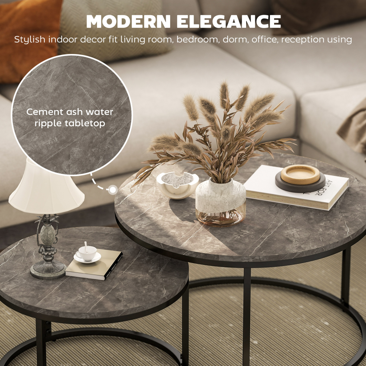 2 Pcs Stacking Coffee Table Set Steel Frame Marble-Effect Top Foot Pads