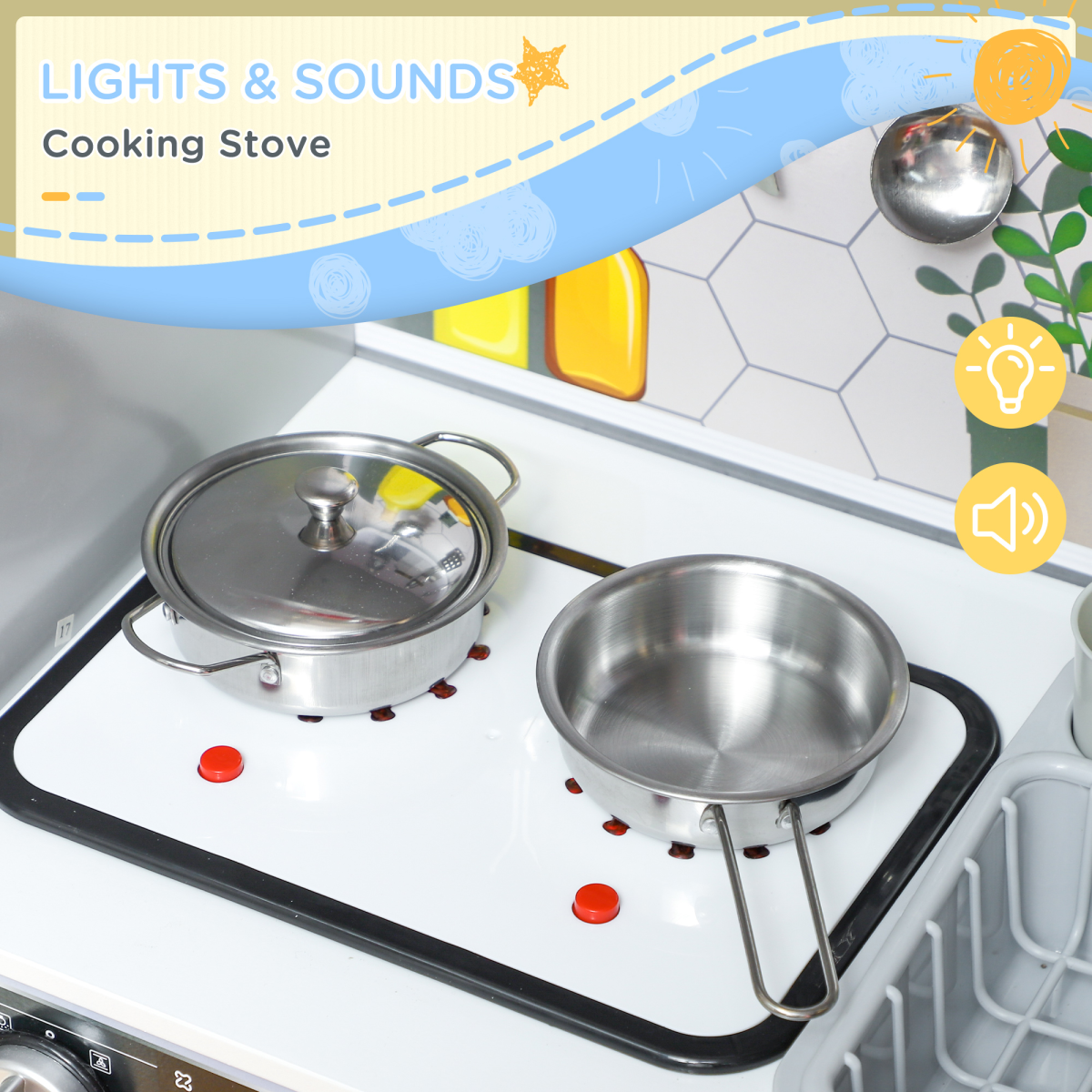AIYAPLAY Play Kitchen, Pretend Toy Kitchen with Sounds Lights, Microwave