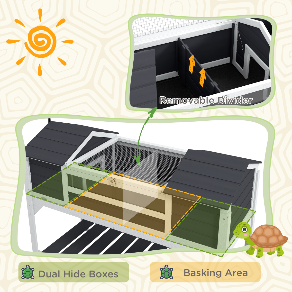 PawHut Tortoise House with Adjustable Lamp Holder, Openable Lid, Dual Main Houses