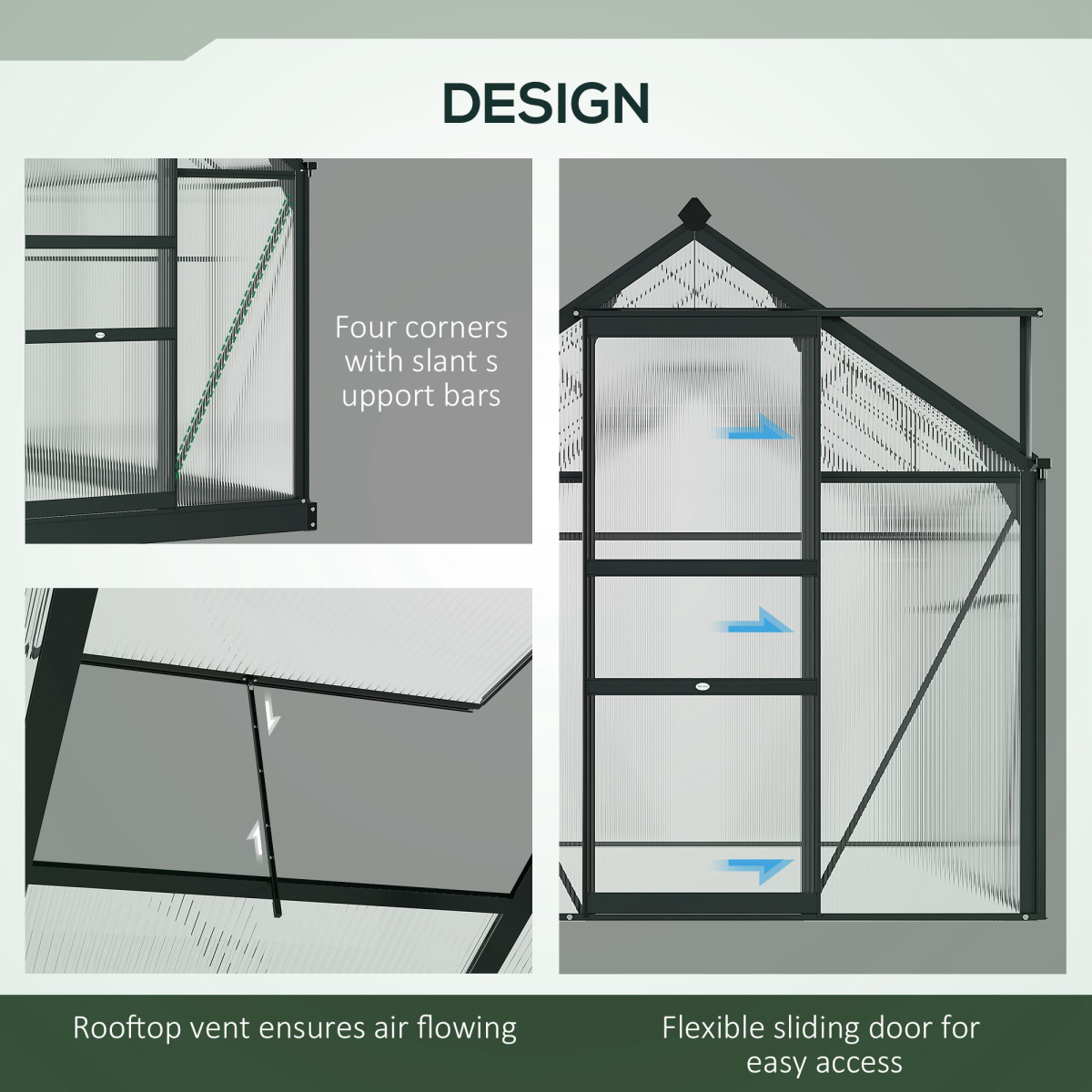 Polycarbonate Walk-In Garden Greenhouse Aluminium Frame with Slide Door 6 x 10ft