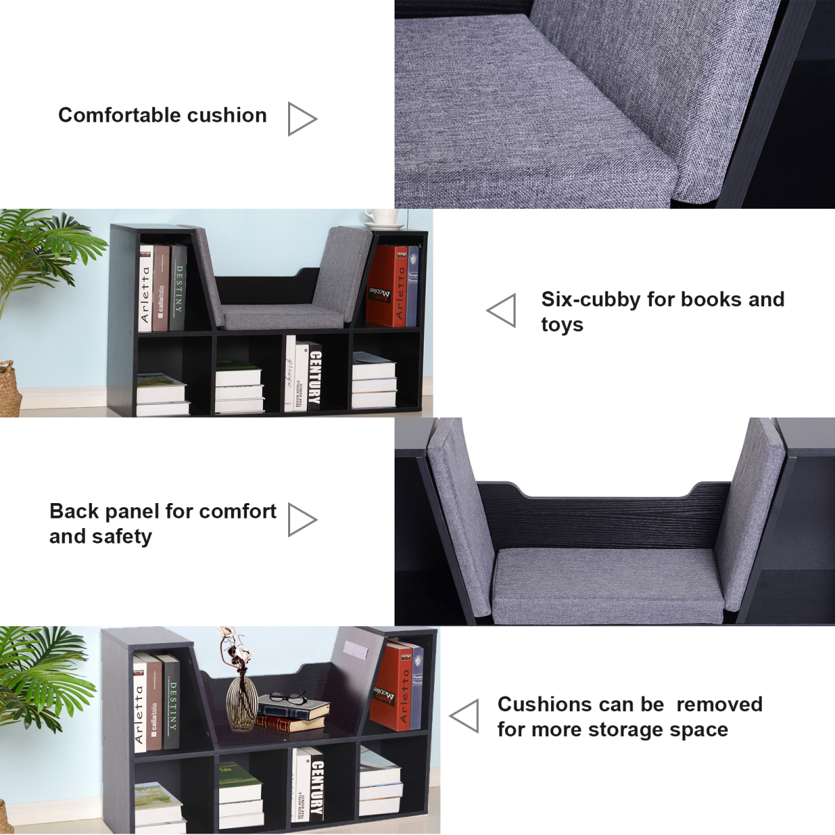Sideboard Bookcase Storage Reading Seat with Cushion Unit Kids Children Black
