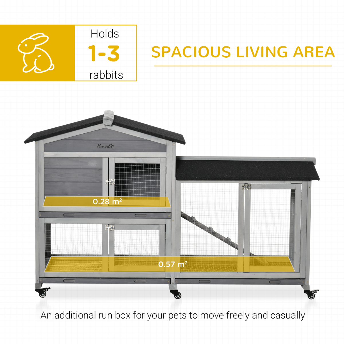 Wooden Rabbit Hutch, Guinea Pig Cage with Wheels, Slide-Out Tray, Ramp Light Grey