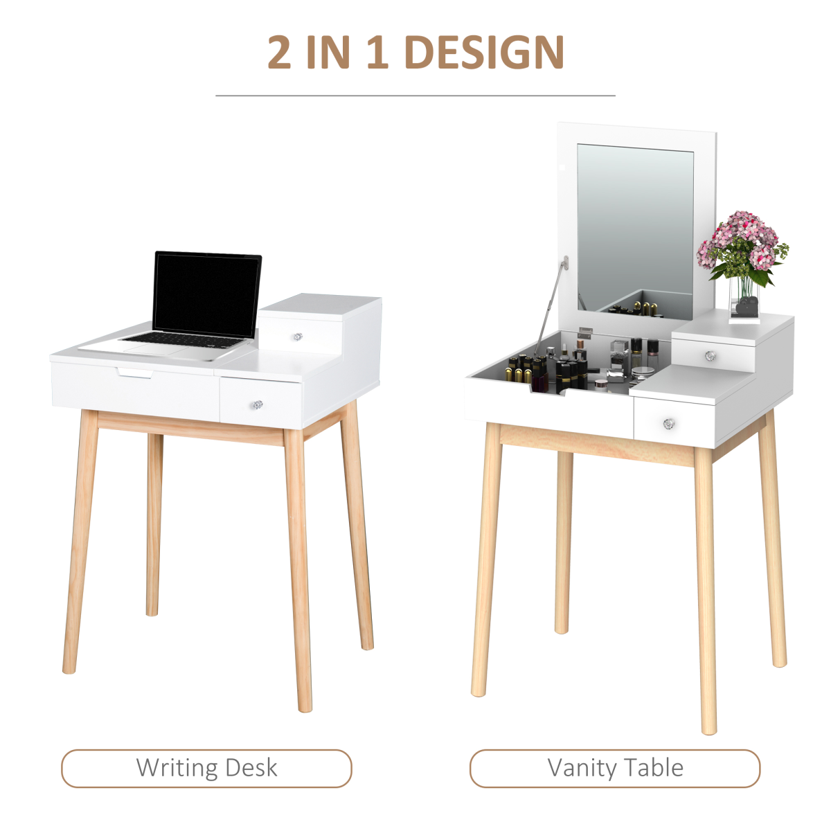 Dressing Table Desk Flip-up Mirror 2 Drawers Bedroom Makeup White