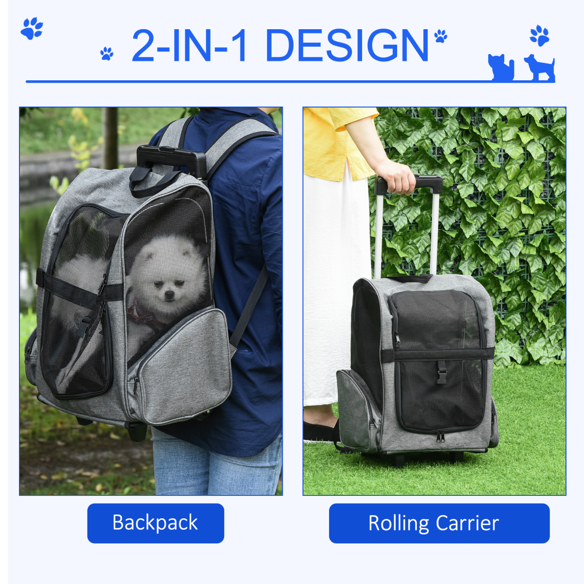 Pet Travel Backpack Bag Cat Dog Carrier with Trolley and Telescopic Wheel Grey