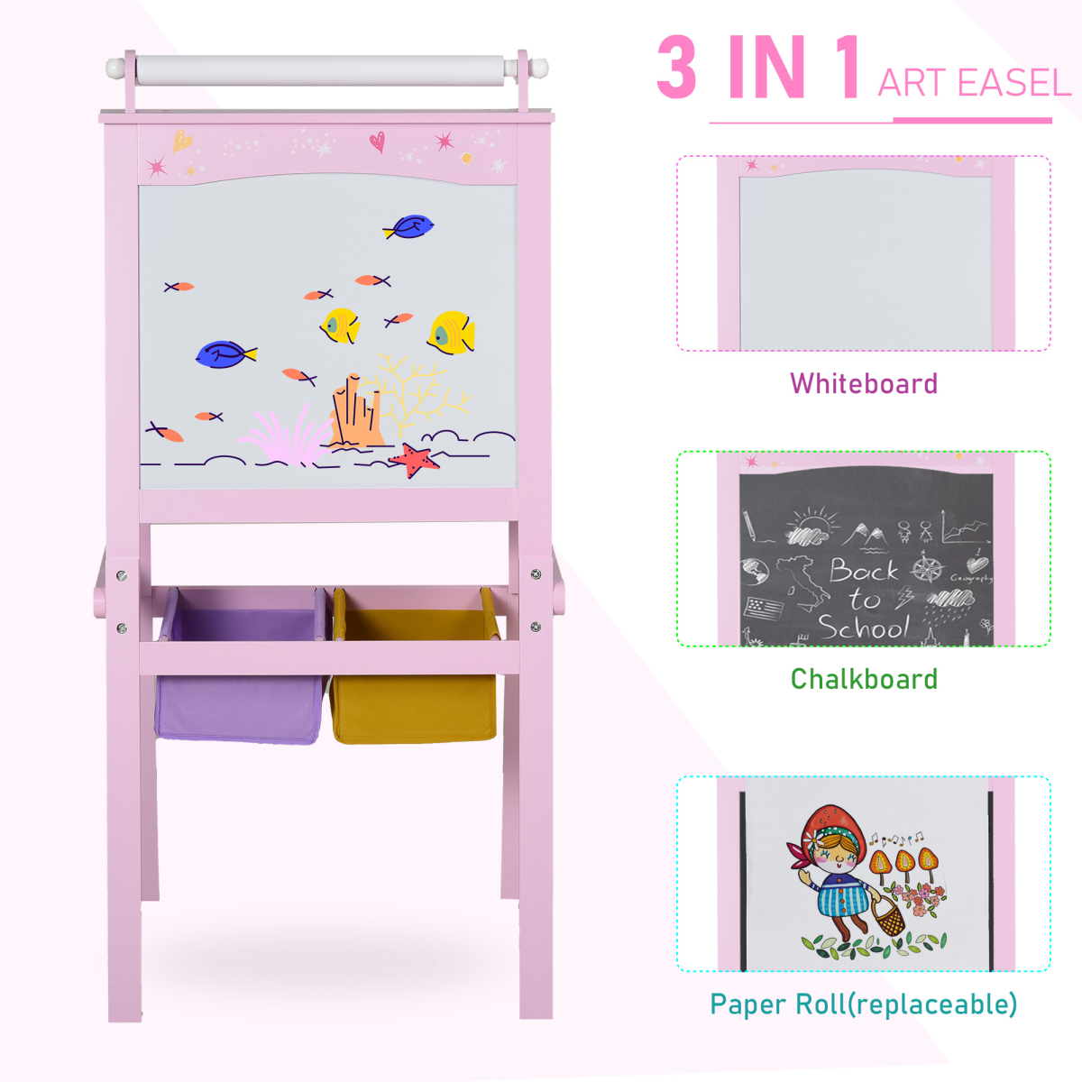 Kids Wooden Art Easel with Paper Roll Double-Sided Chalkboard, board