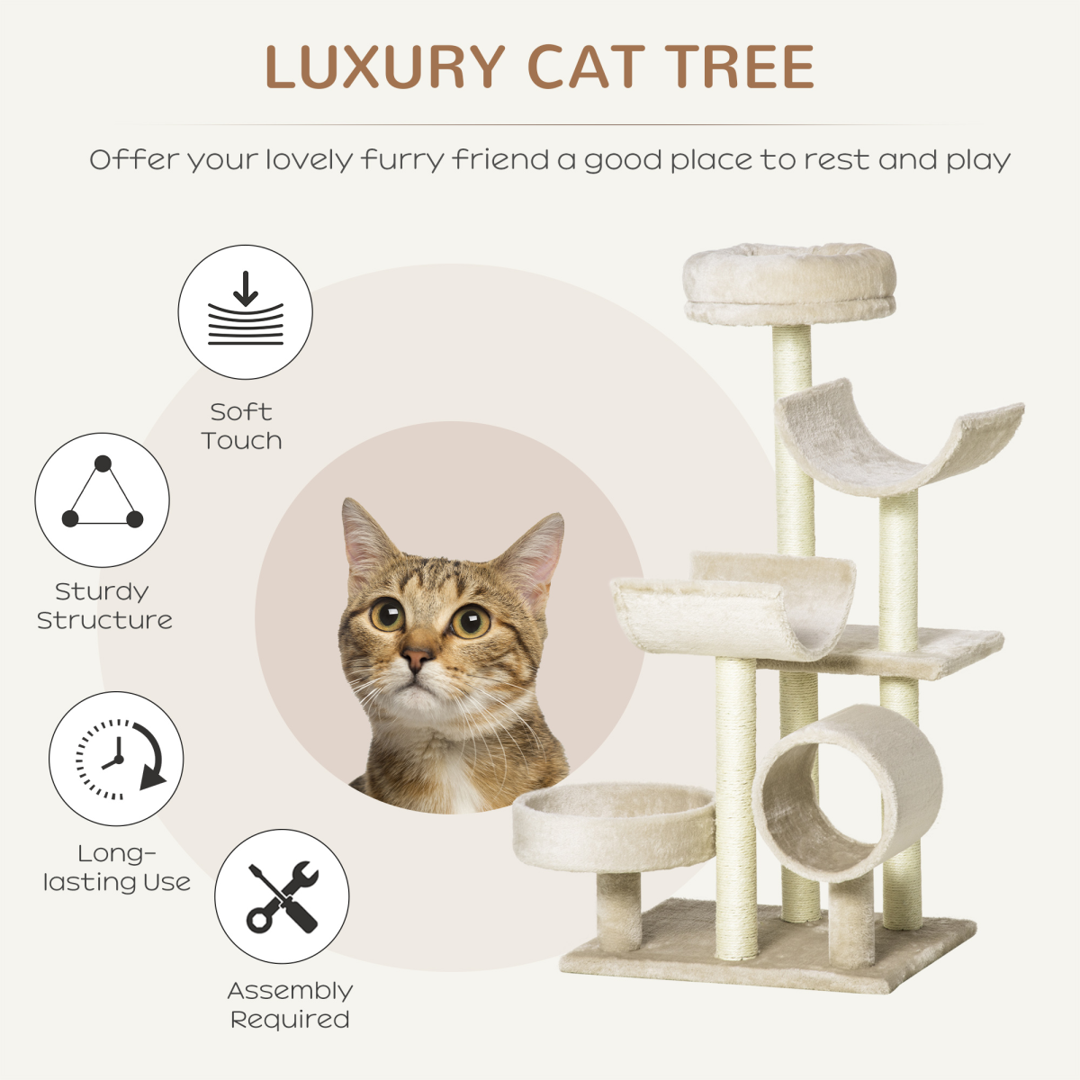 Multi-Level Large Cat Tree Scratching Post Perch Play Center Tunnel Beige