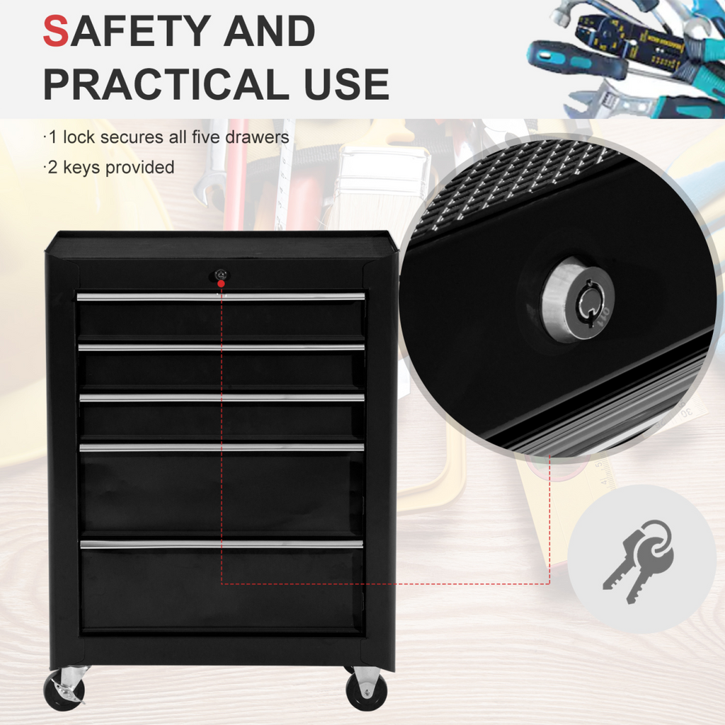 5-Drawer Lockable Steel Tool Storage Cabinet with Wheels Handle 2 Keys Black