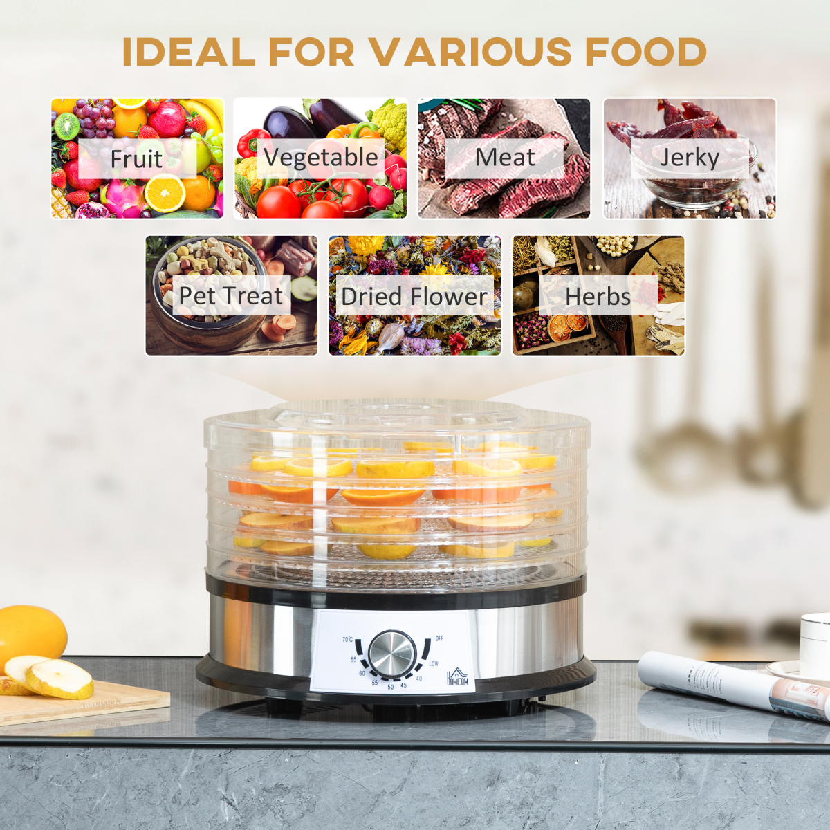 5-Tier Food Dehydrator — 250W, Silver
