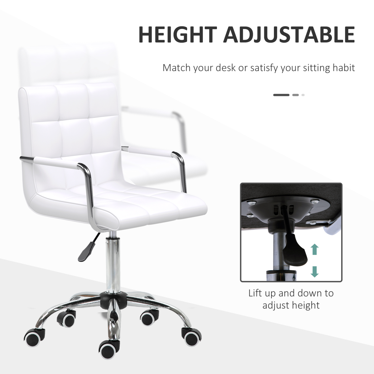 Mid Back PU Leather Home Office Chair Swivel Desk Chair with Arm, Wheel, White