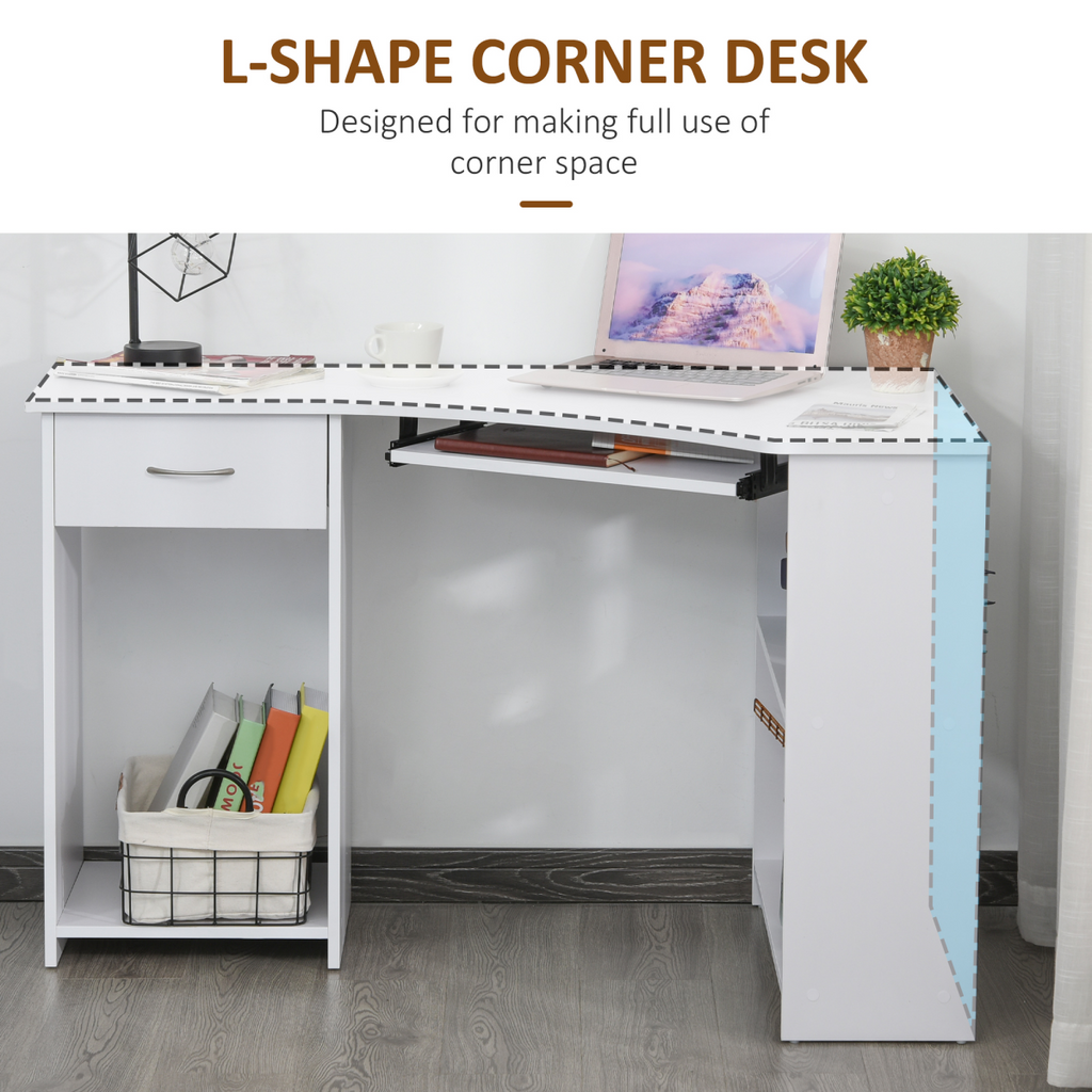 L-Shaped Corner Computer Desk with 2 Shelves Worktop Keyboard Tray White