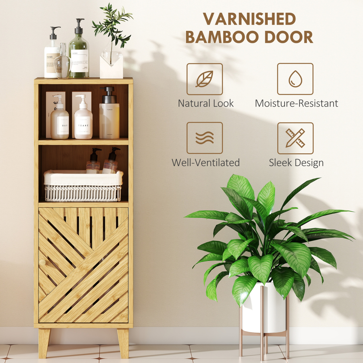 Narrow Bathroom Storage Cabinet with Open Compartments, Natural
