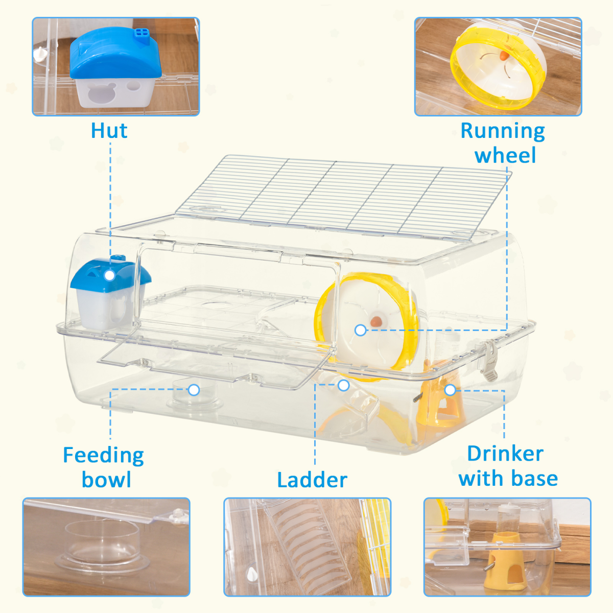 Portable 2 Storey Hamster Cage with Running Wheel Drinker Feeding Bowl Pawhut