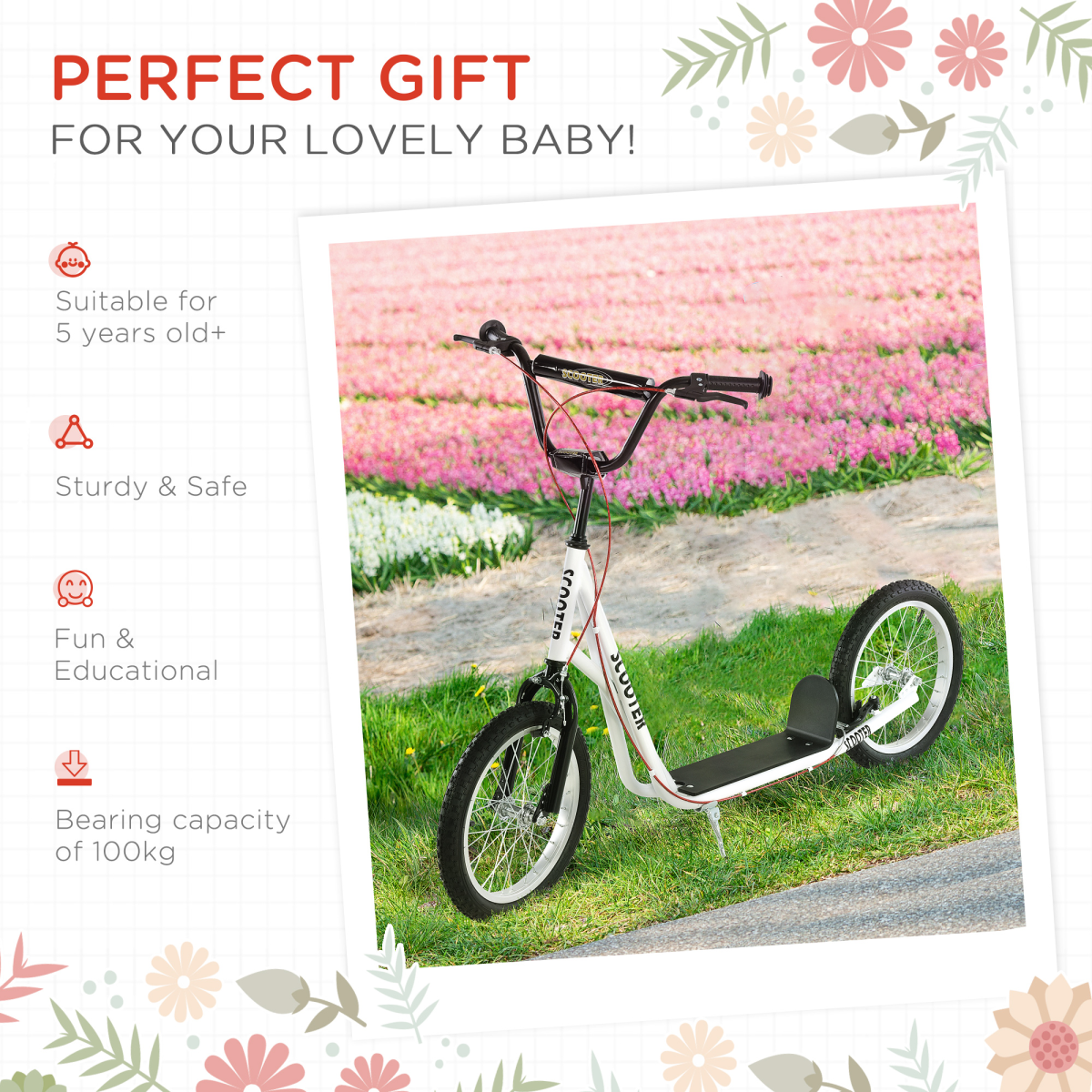 90-96cm Kids Kick Scooter Adjustable Handlebar Inflatable Wheels White