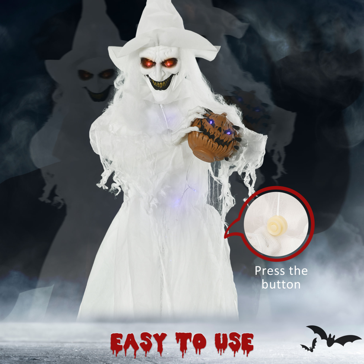 72 Inch Halloween White Witch Holding Pumpkin Skeleton Ghost Motion Lighted Up