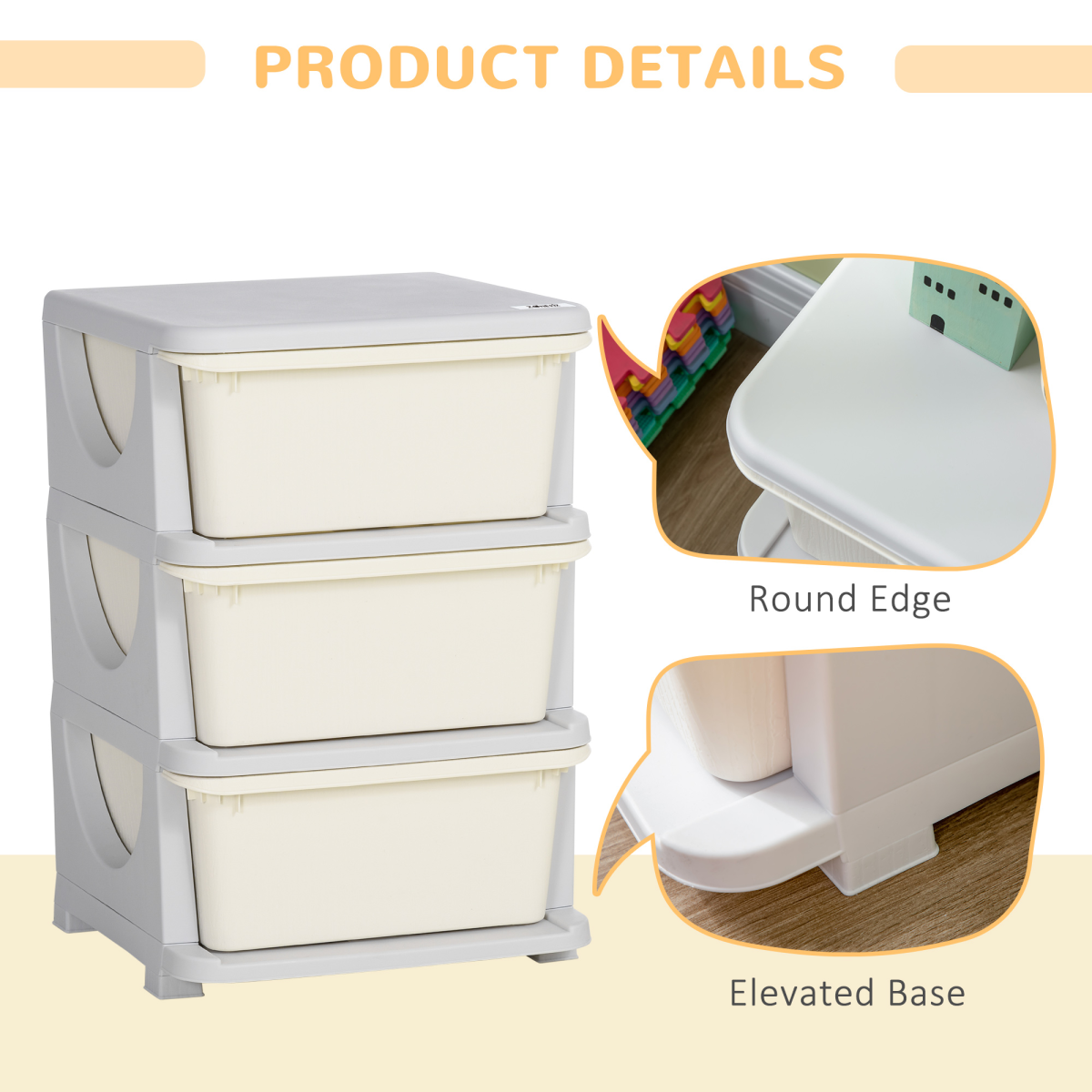 Kids Storage Unit with Three Drawers Three-Tier Chest Vertical Dresser