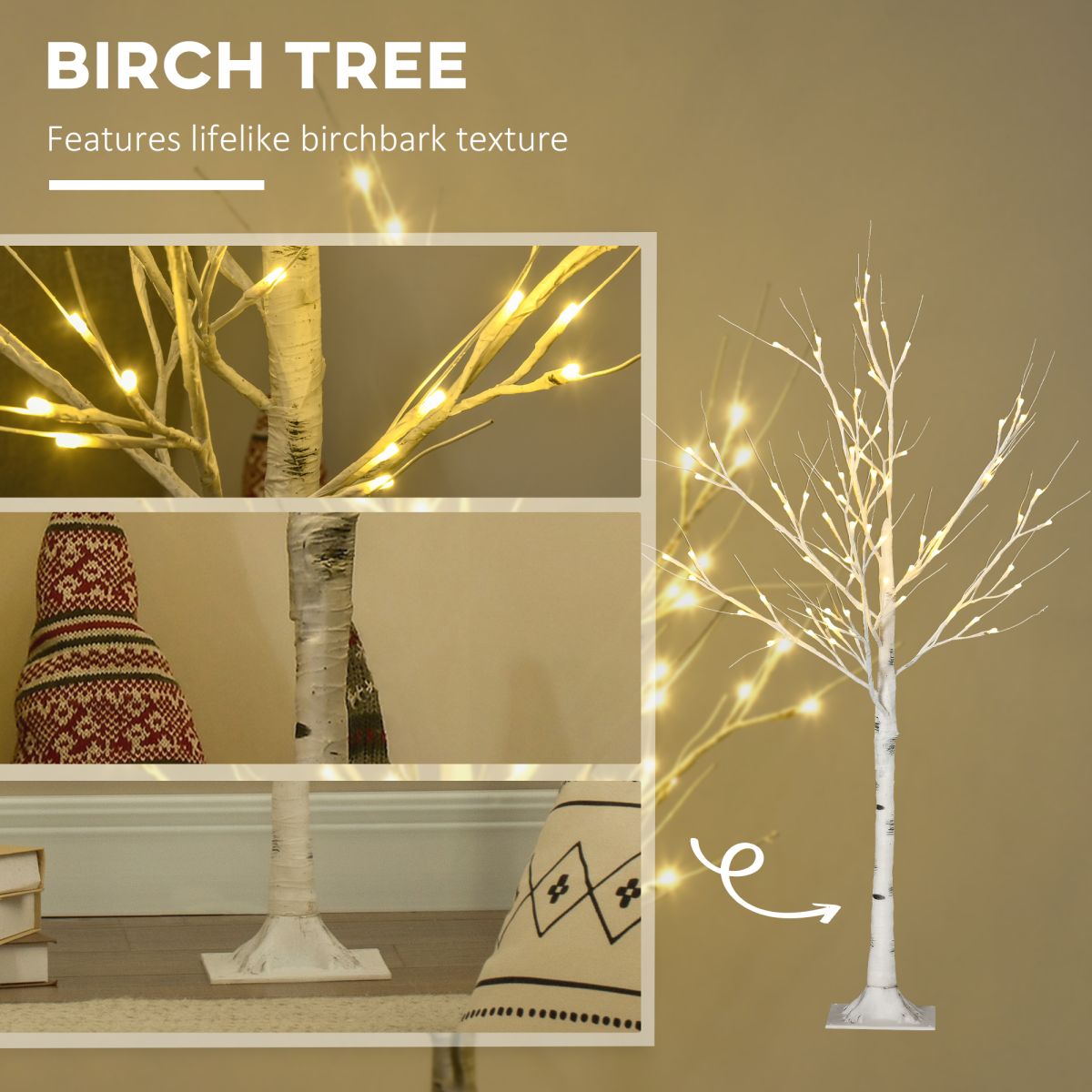 4ft Artificial White Birch Tree Light 72 Warm White Pre-Lit LED Light