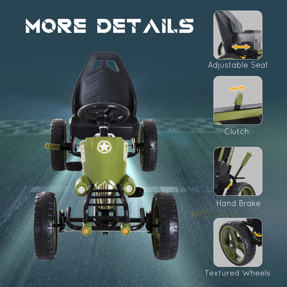 Pedal Go Kart Ride On Racer Hand Brake EVA Tyre Adjsuatble Seat Green