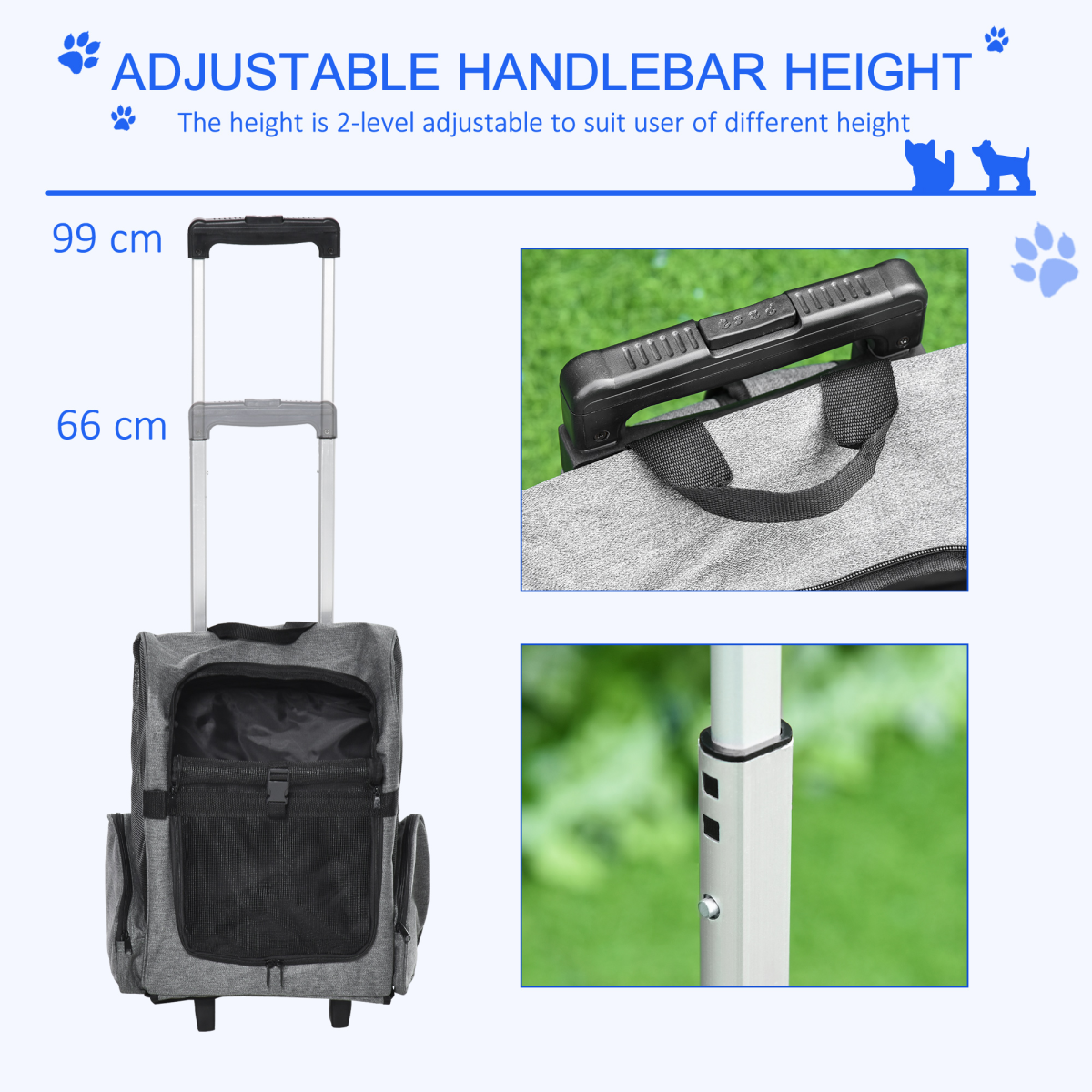 Pet Travel Backpack Bag Cat Dog Carrier with Trolley and Telescopic Wheel Grey