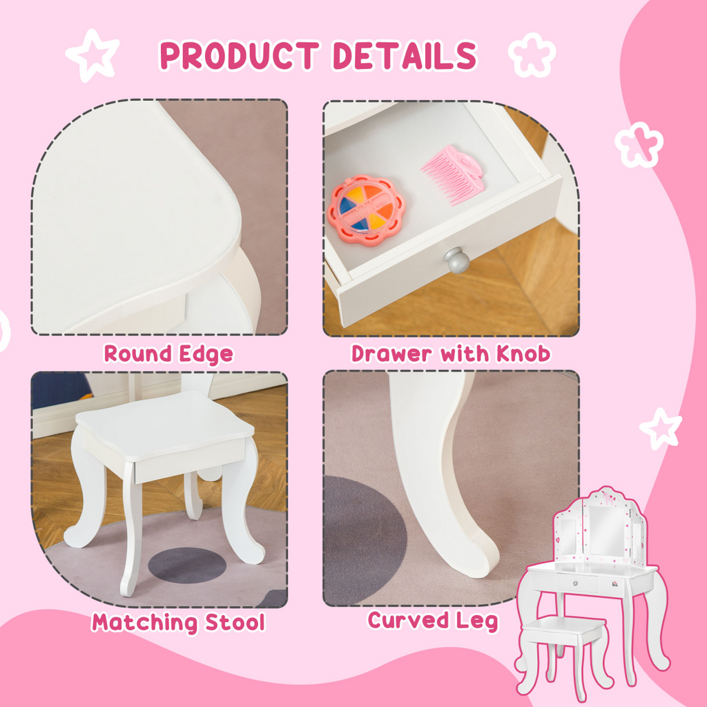 Kids Vanity Table & Stool Girls Dressing Set with Rotatable Mirror Drawer