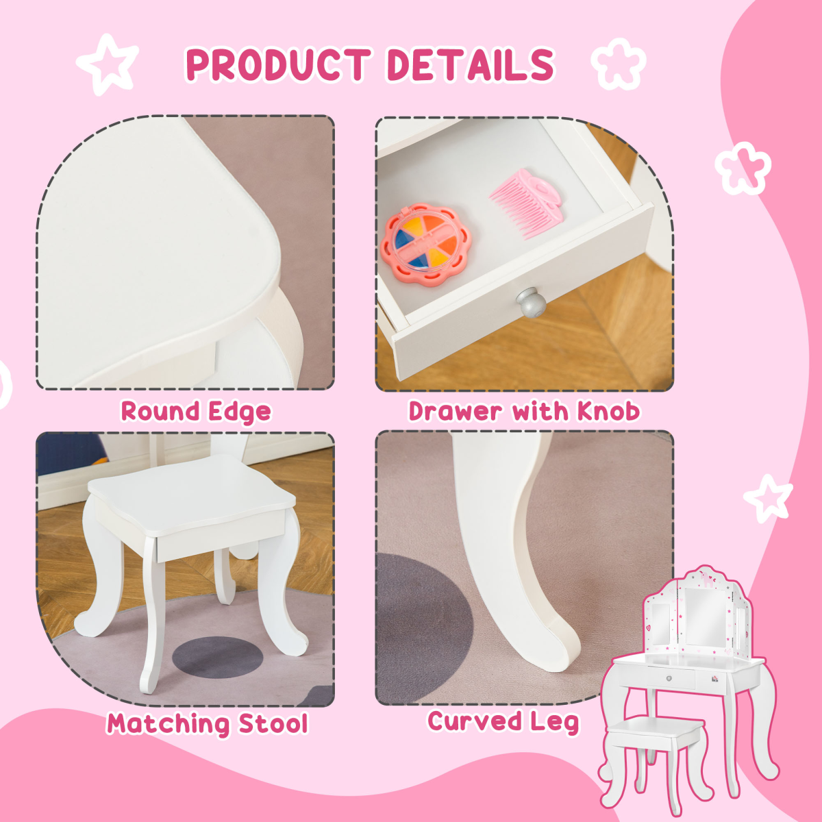 Kids Vanity Table & Stool Girls Dressing Set with Rotatable Mirror Drawer