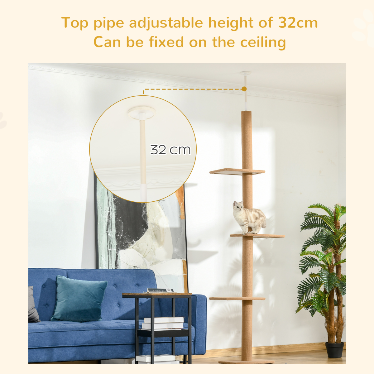 260cm Floor To Ceiling Cat Tree for Indoor Cats with Adjustable Height - Brown